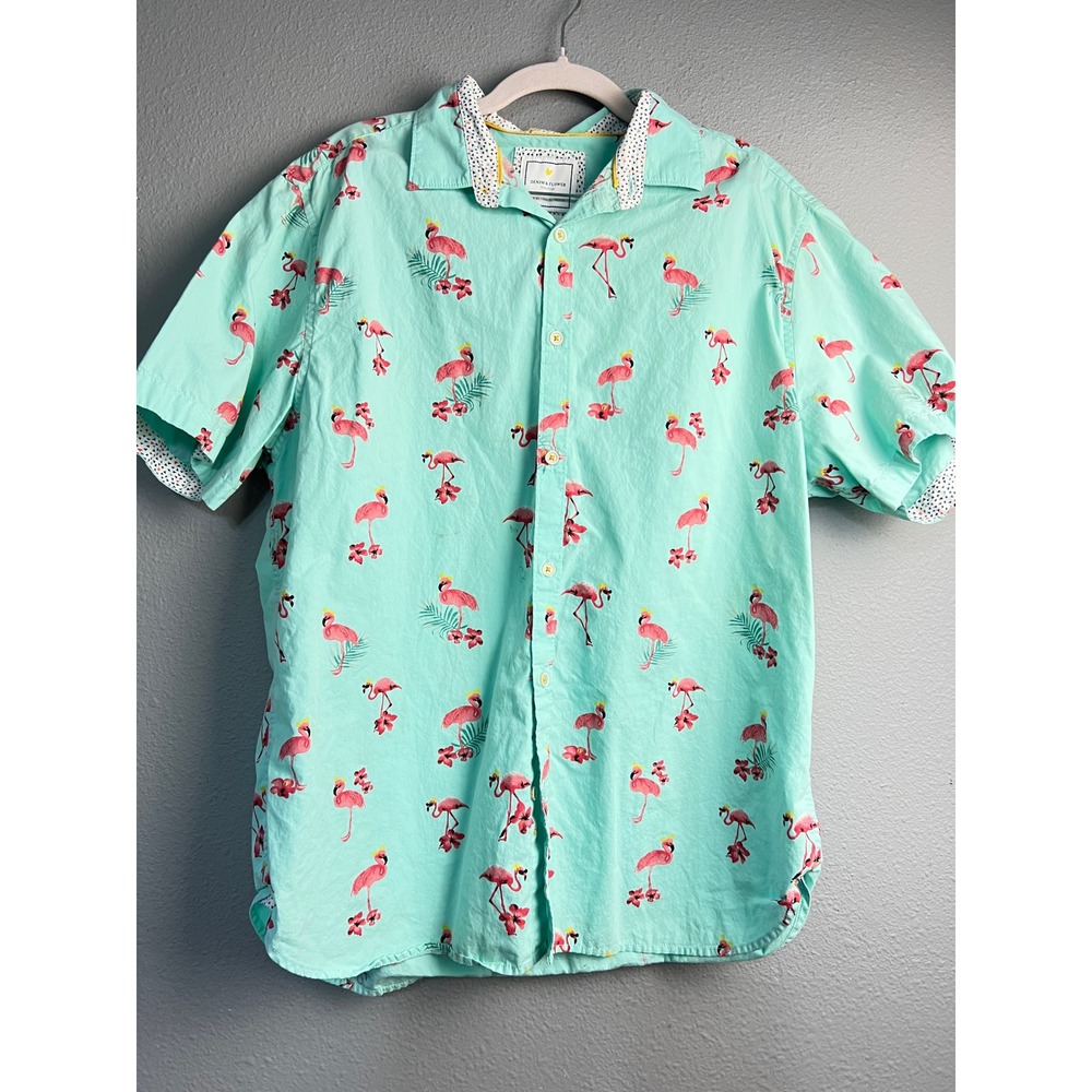Denim & Flower Ricky Singh Novelty XL Slim Fit Flamingo Button Down Shirt Mint